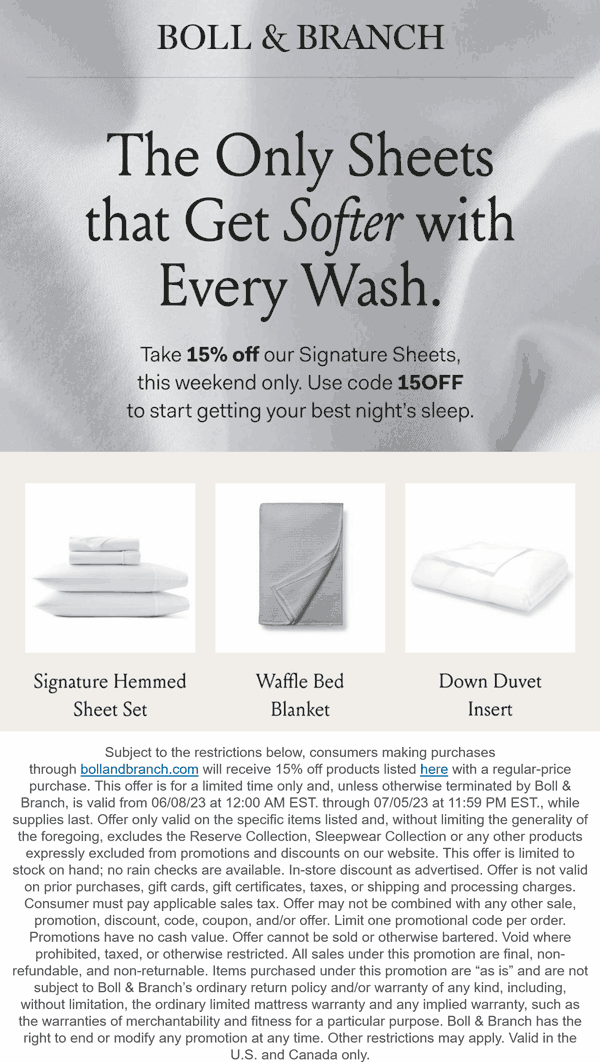 Boll & Branch stores Coupon  15% off sheets this weekend at Boll & Branch via promo code 15OFF #bollbranch 