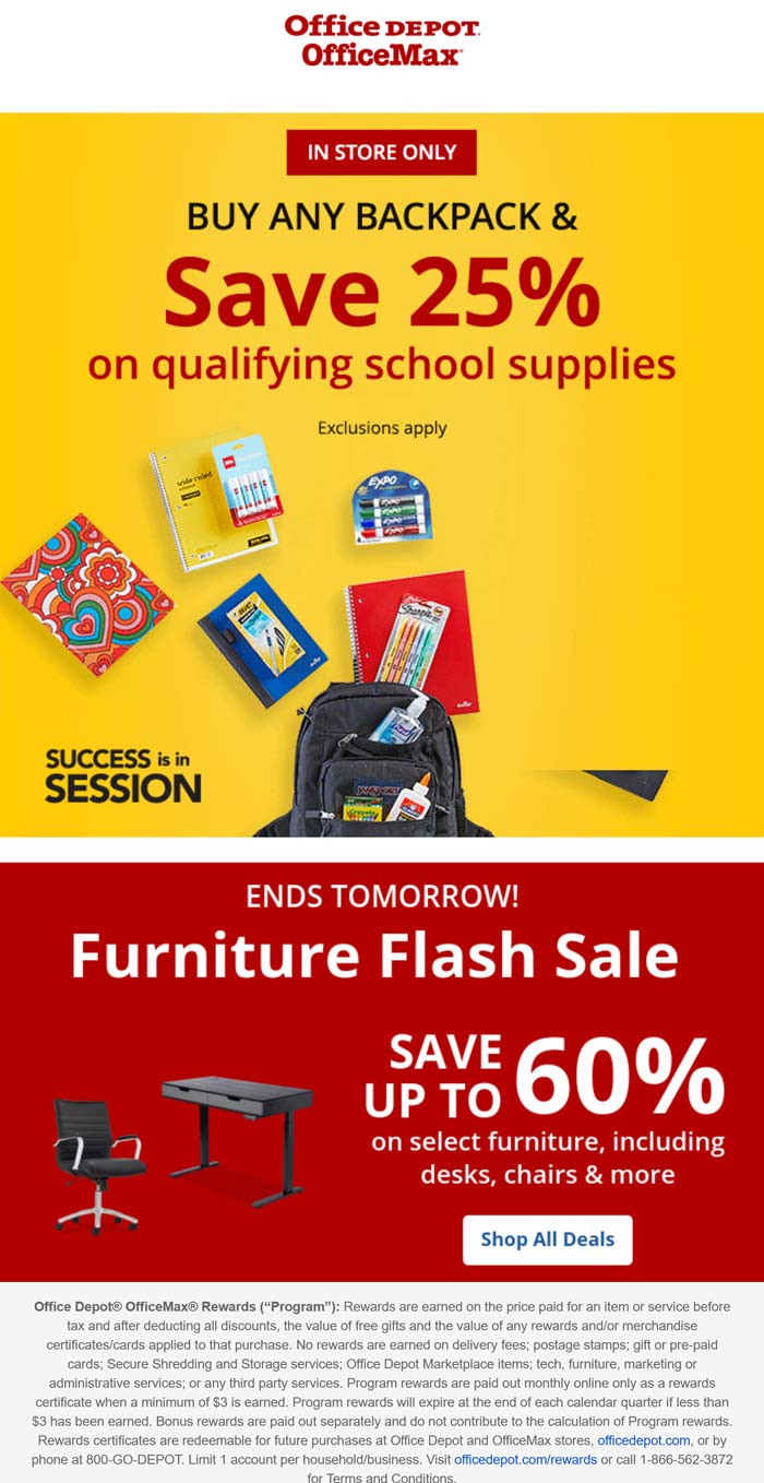 Office Depot stores Coupon  25% off school supplies with any backpack at Office Depot OfficeMax #officedepot 