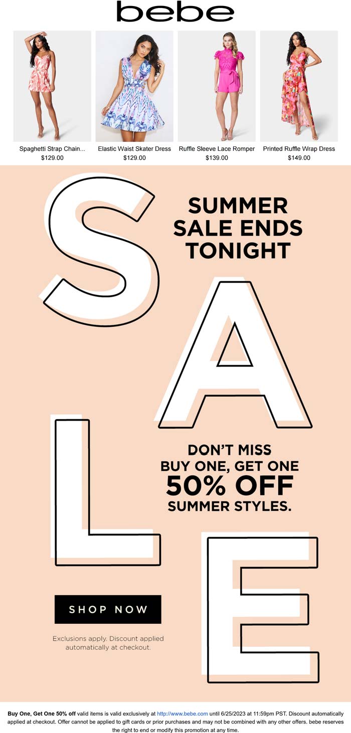 bebe stores Coupon  Second item 50% off online today at bebe #bebe 