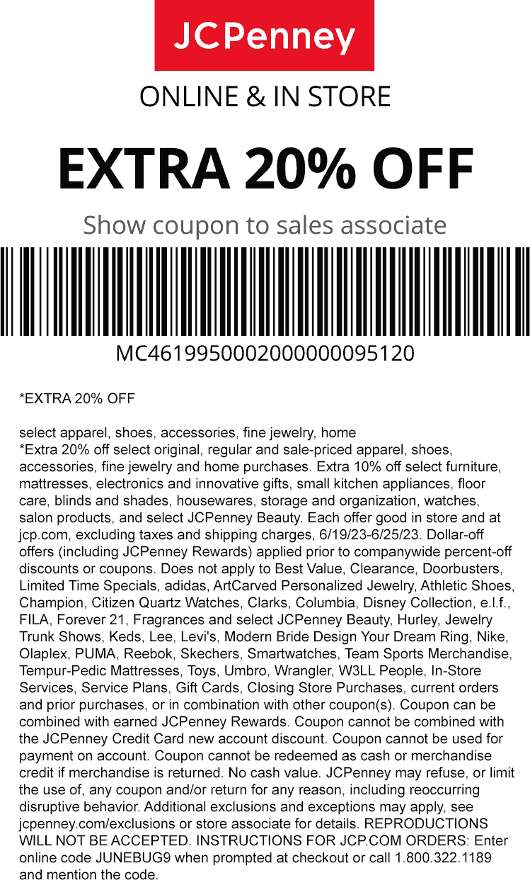 JCPenney stores Coupon  Extra 20% off today at JCPenney, or online via promo code JUNEBUG9 #jcpenney 
