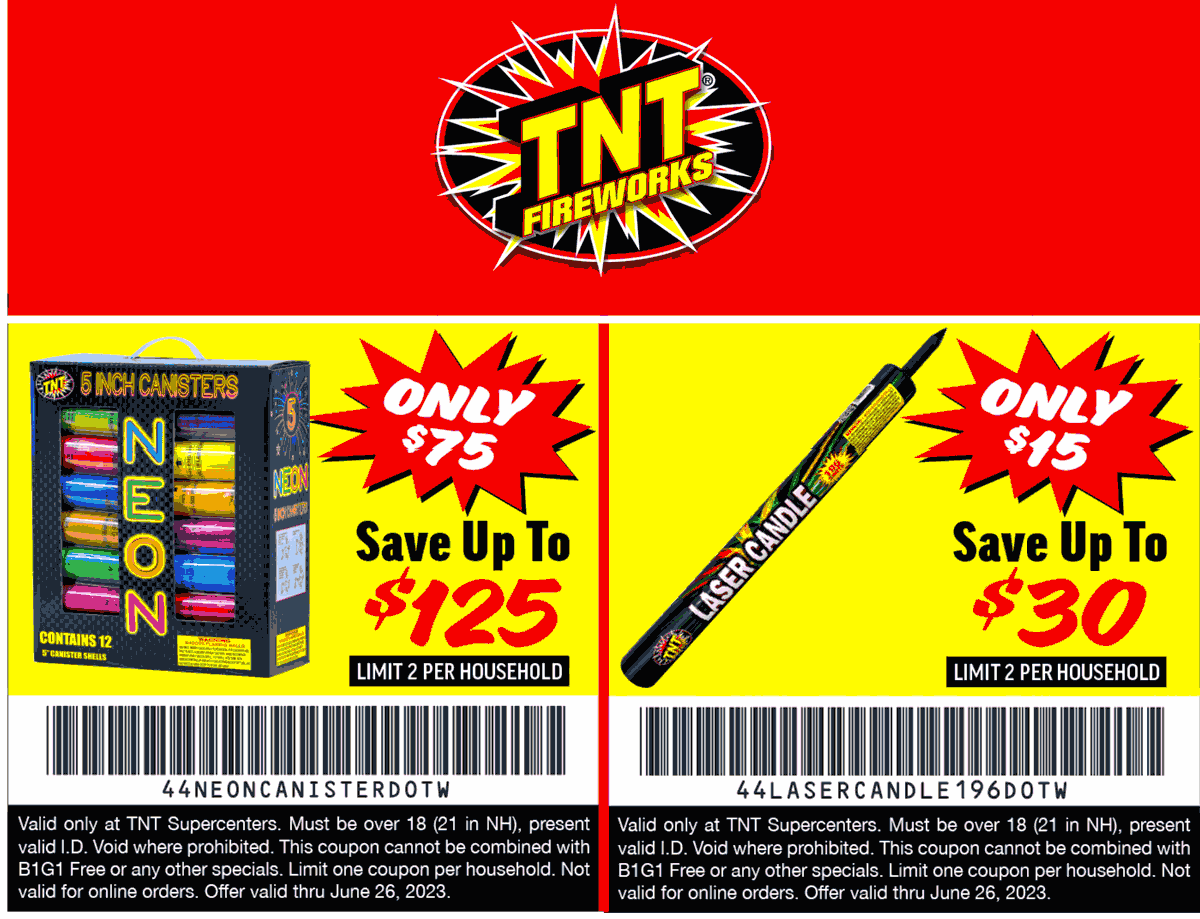 TNT Fireworks stores Coupon  120 shot roman candle for $15 today at TNT Fireworks #tntfireworks 