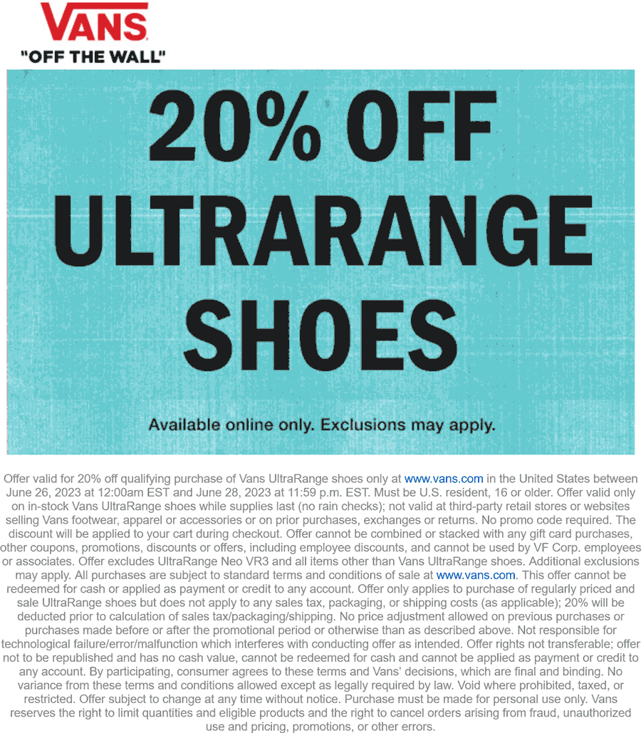 Vans stores Coupon  20% off UltraRange shoes online at Vans #vans 