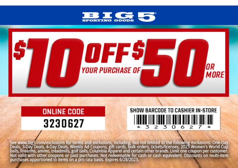 Big 5 stores Coupon  $10 off $50 at Big 5 sporting goods, or online via promo code 3230627 #big5 