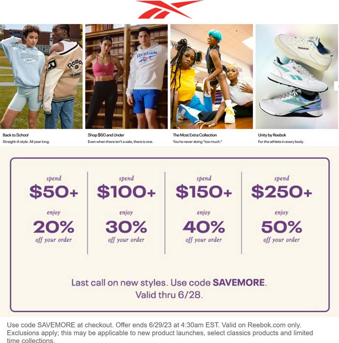 Reebok stores Coupon  20-50% off $50+ at Reebok via promo code SAVEMORE #reebok 