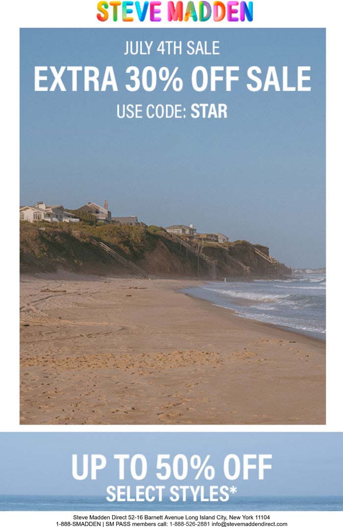 Steve Madden stores Coupon  Extra 30% off sale items at Steve Madden via promo code STAR #stevemadden 