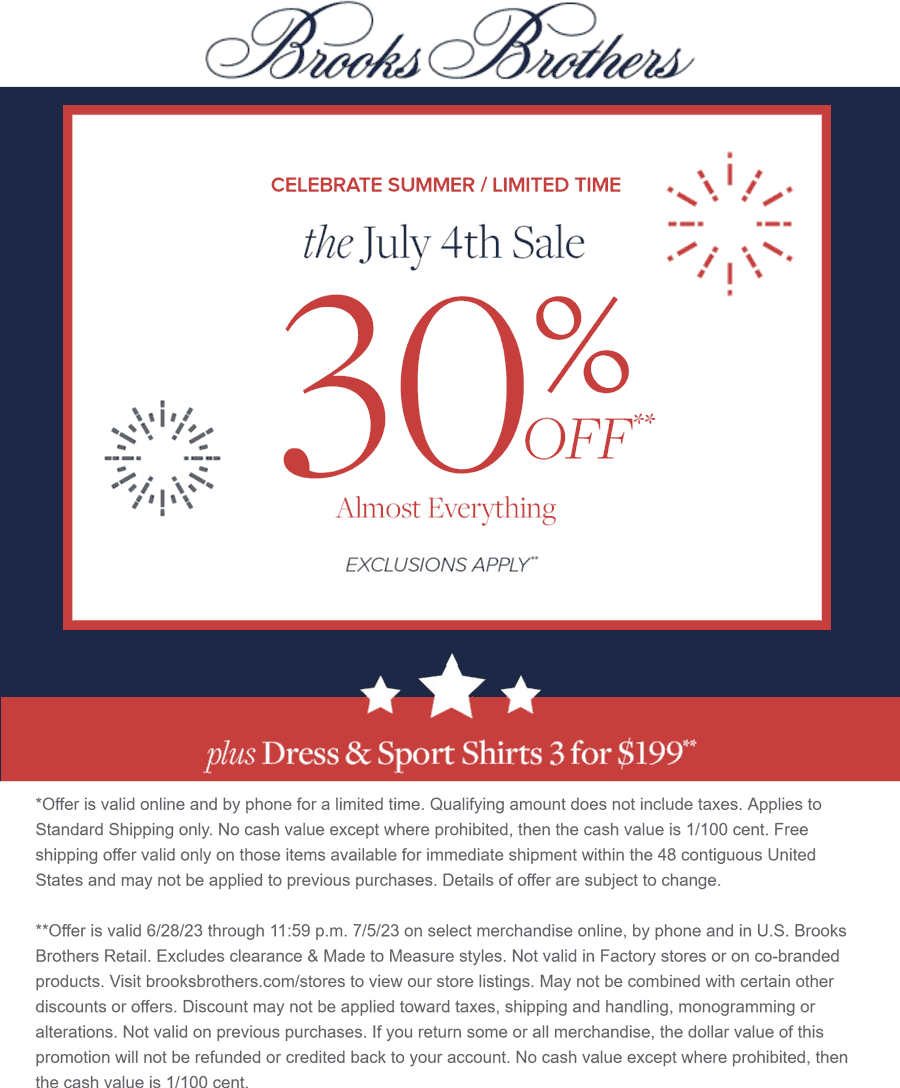 Brooks Brothers stores Coupon  30% off at Brooks Brothers, ditto online #brooksbrothers 
