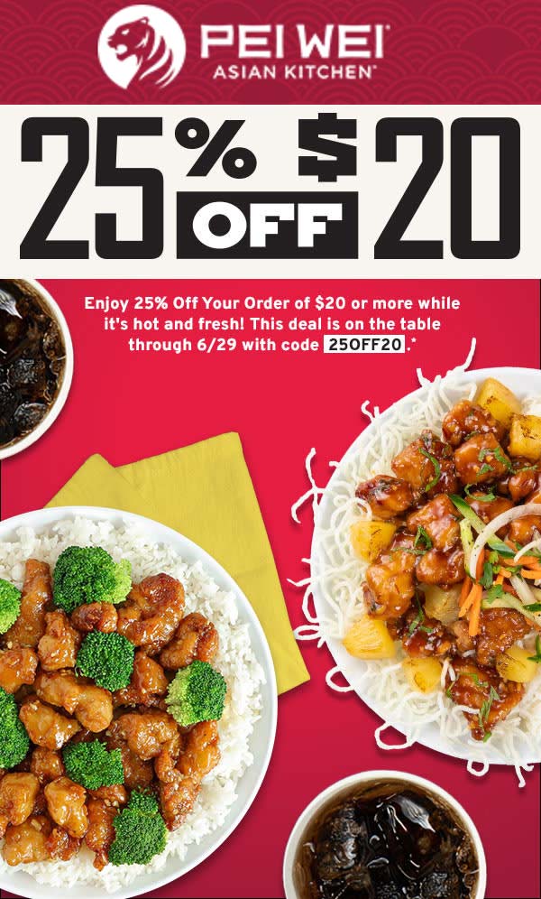 Pei Wei restaurants Coupon  25% off $20 at Pei Wei restaurants via promo code 25OF20 #peiwei 