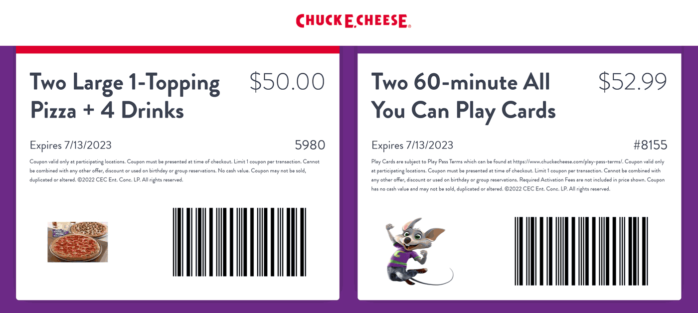 Chuck E. Cheese restaurants Coupon  Two 60min unlimited play cards = $53 at Chuck E. Cheese pizza #chuckecheese 