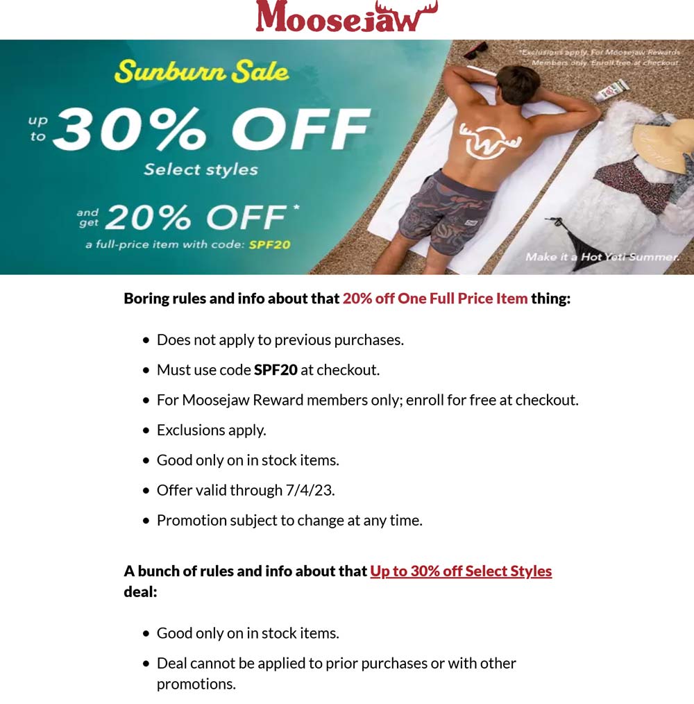 Moosejaw stores Coupon  20% off a single item & more at Moosejaw via promo code SPF20 #moosejaw 