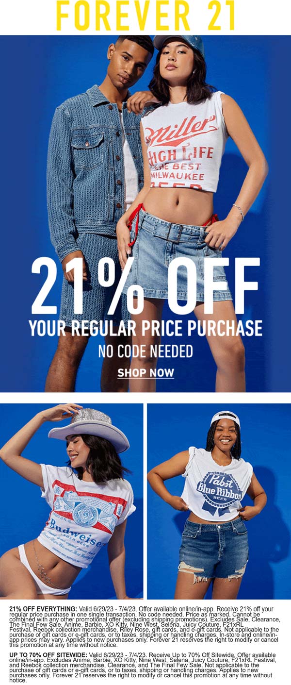 Forever 21 stores Coupon  21% off everything online at Forever 21 #forever21 