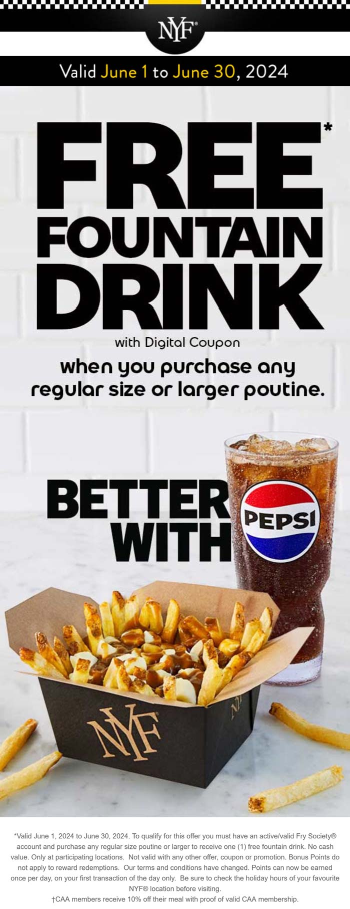 New York Fries restaurants Coupon  Free drink with your poutine at New York Fries #newyorkfries 