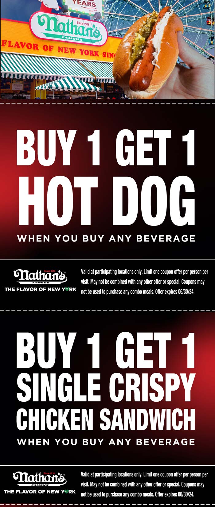 Nathans Famous restaurants Coupon  Second hot dog or chicken sandwich free at Nathans Famous #nathansfamous 