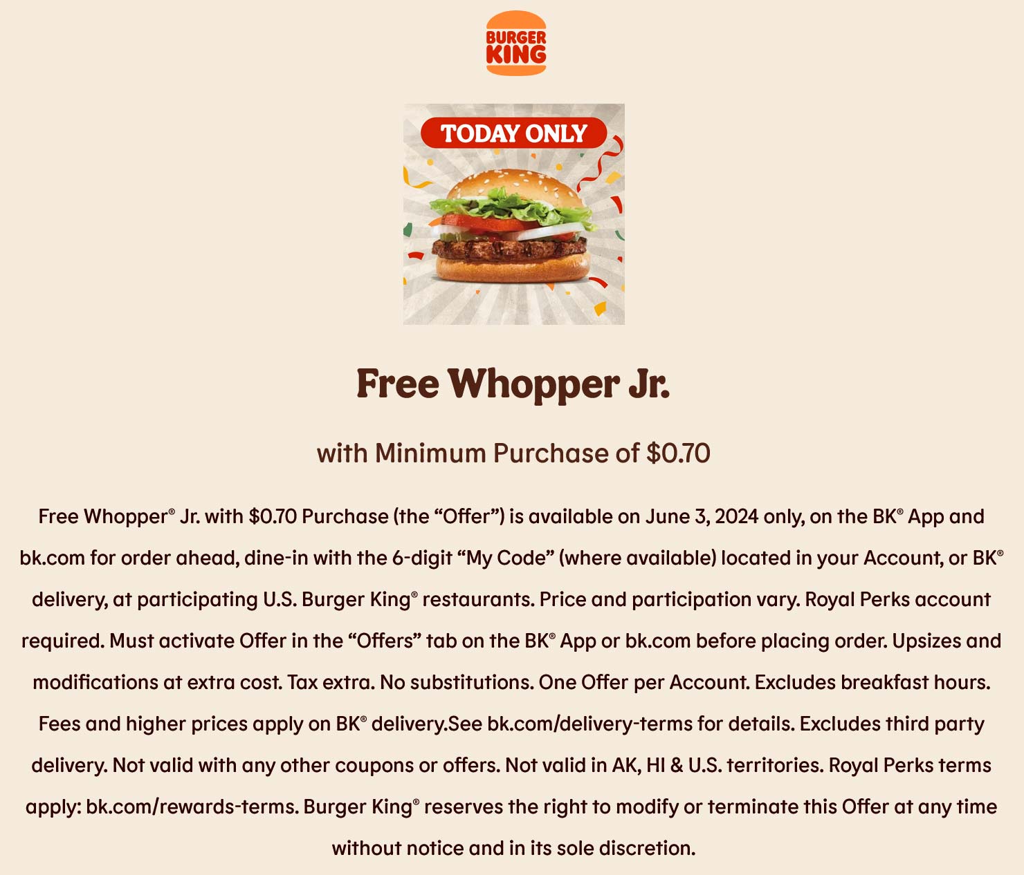 Burger King restaurants Coupon  Free whopper jr with your order today at Burger King restaurants #burgerking 
