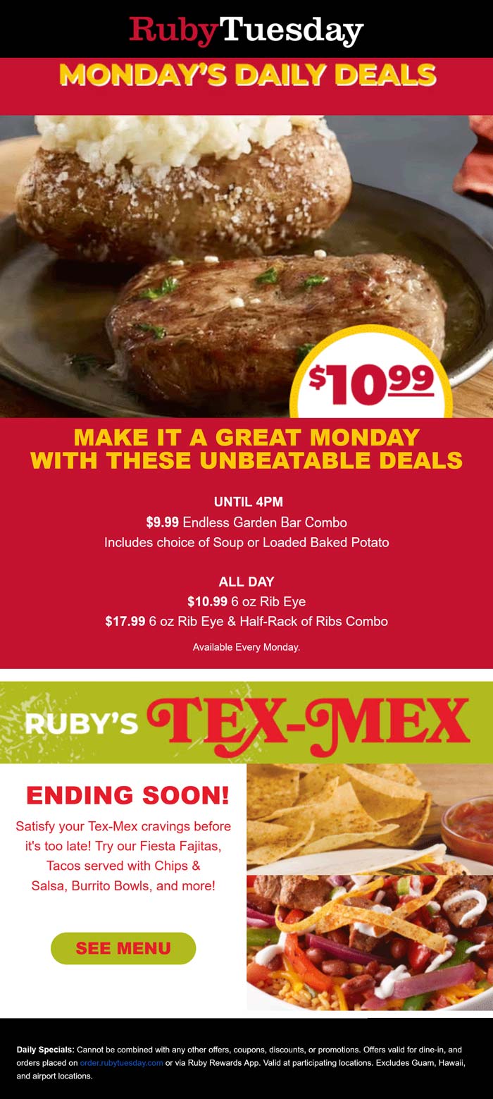 Ruby Tuesday restaurants Coupon  $10 garden bar & $11 rib eye today at Ruby Tuesday restaurants #rubytuesday 