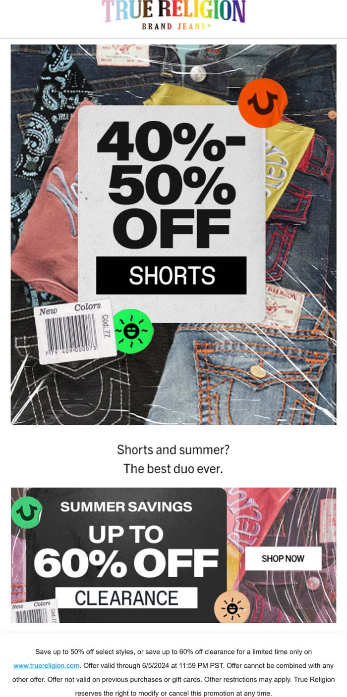 True Religion stores Coupon  40-50% off shorts & 60% off clearance at True Religion #truereligion 