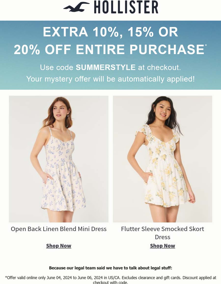 Hollister stores Coupon  10-20% off online at Hollister via promo code SUMMERSTYLE #hollister 