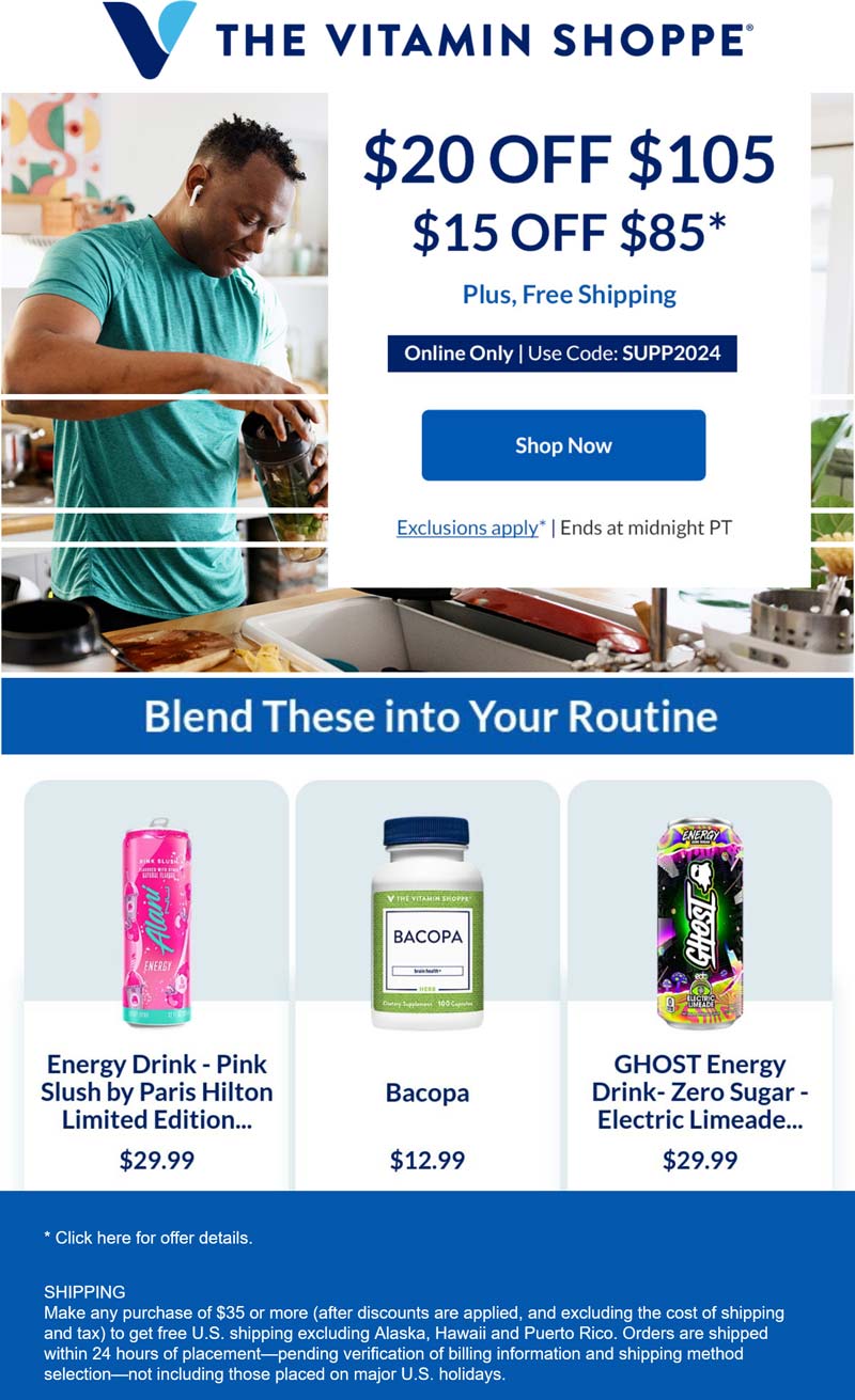 The Vitamin Shoppe stores Coupon  $15-$20 off $85+ today at The Vitamin Shoppe via promo code SUPP2024 #thevitaminshoppe 