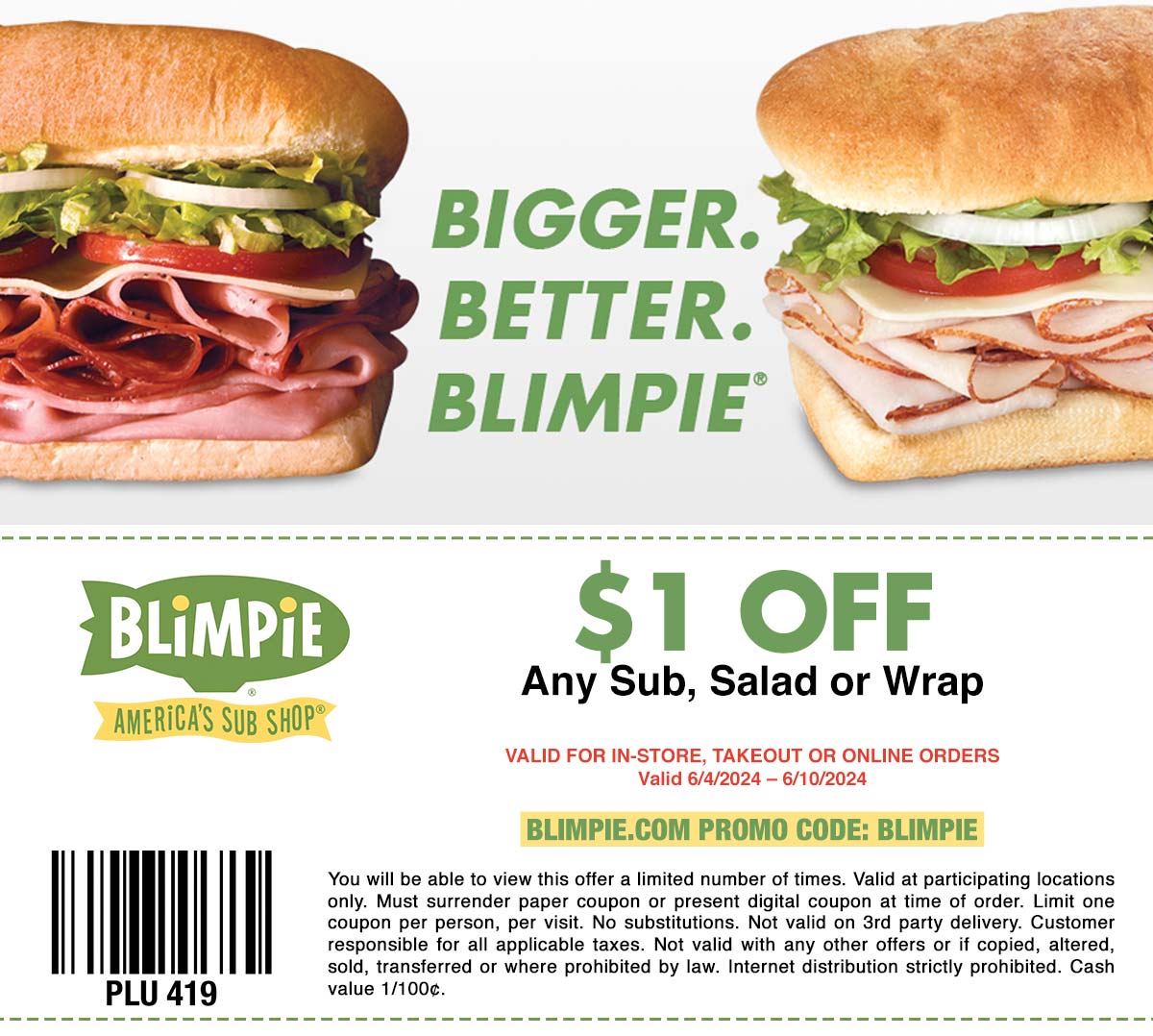 Blimpie restaurants Coupon  $1 off at Blimpie sub sandwich shop, or online via promo code BLIMPIE #blimpie 