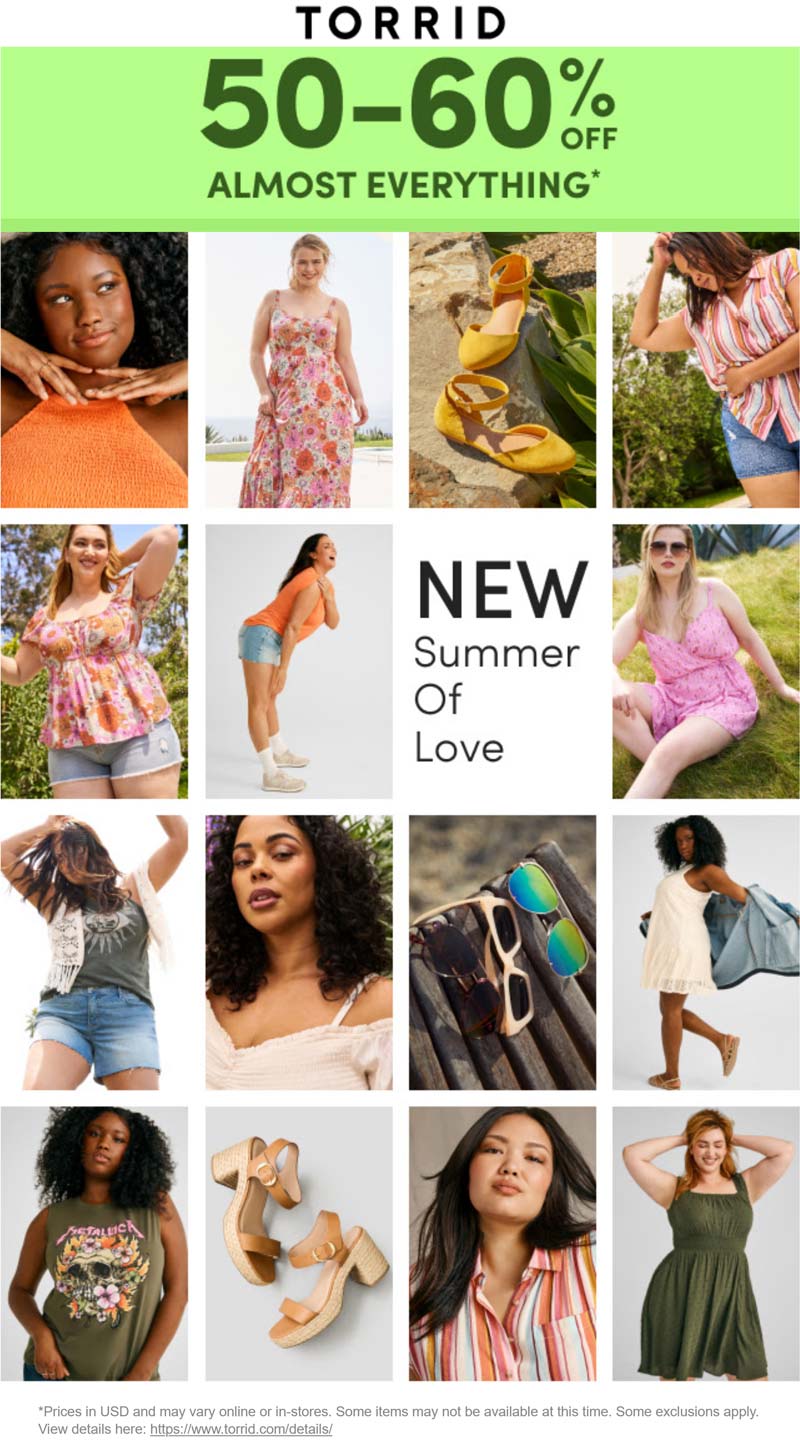 Torrid stores Coupon  50-60% off everything at Torrid, ditto online #torrid 
