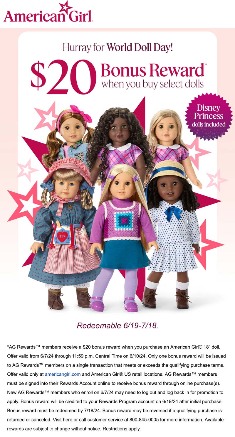 American Girl stores Coupon  $20 bonus reward with your 18 inch American Girl doll #americangirl 