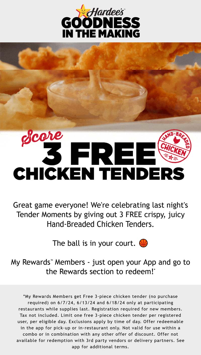 Hardees restaurants Coupon  Free 3-piece chicken tender today via login at Hardees, no purchase necessary #hardees 