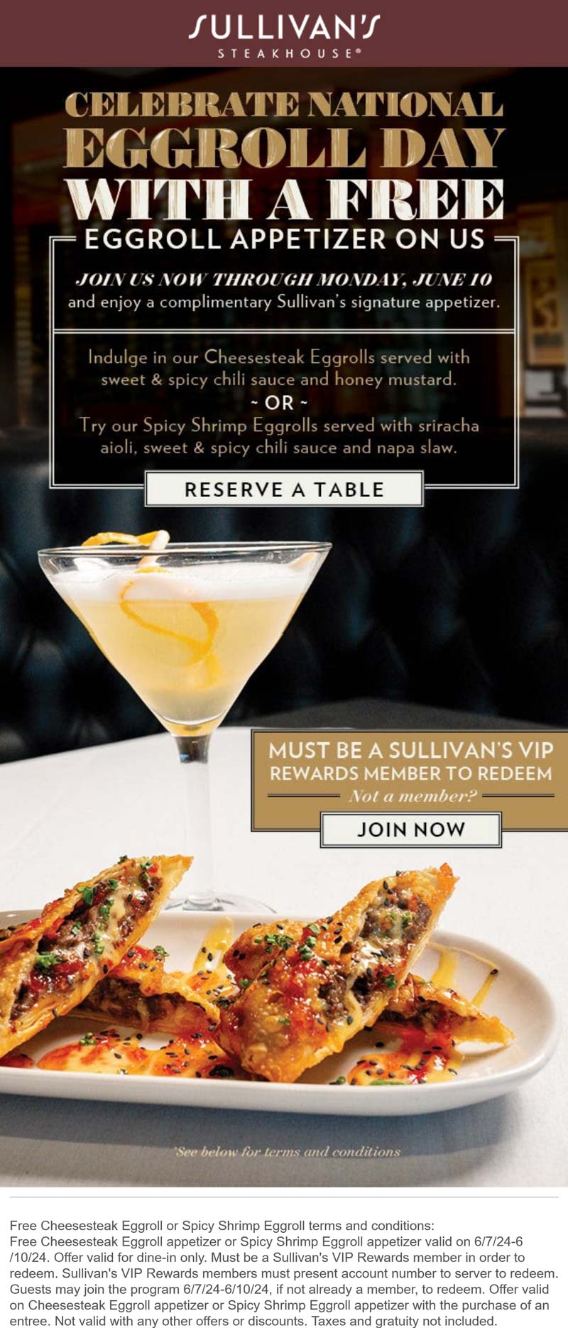 Sullivans restaurants Coupon  Free cheesesteak or spicy shrimp eggroll appetizer at Sullivans steakhouse #sullivans 