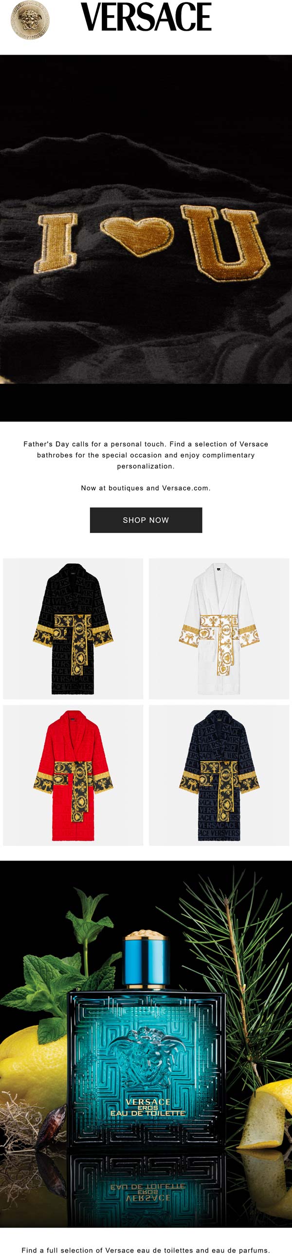 Versace stores Coupon  Free personalization on bathrobes for Dad at Versace, ditto online #versace 