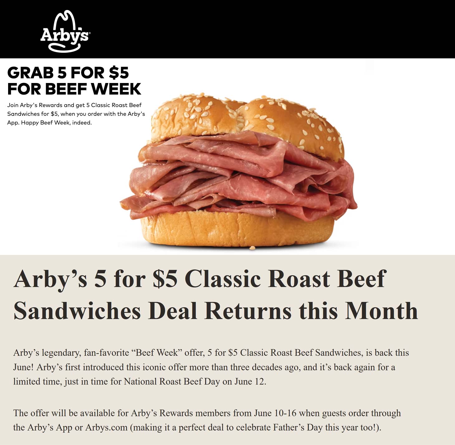 Arbys restaurants Coupon  5 roast beef sandwiches for $5 the 10-16th via mobile at Arbys restaurants #arbys 