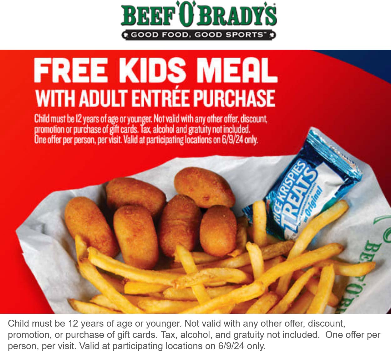 Beef OBradys restaurants Coupon  Free kids meal with your entree Sunday at Beef OBradys #beefobradys 