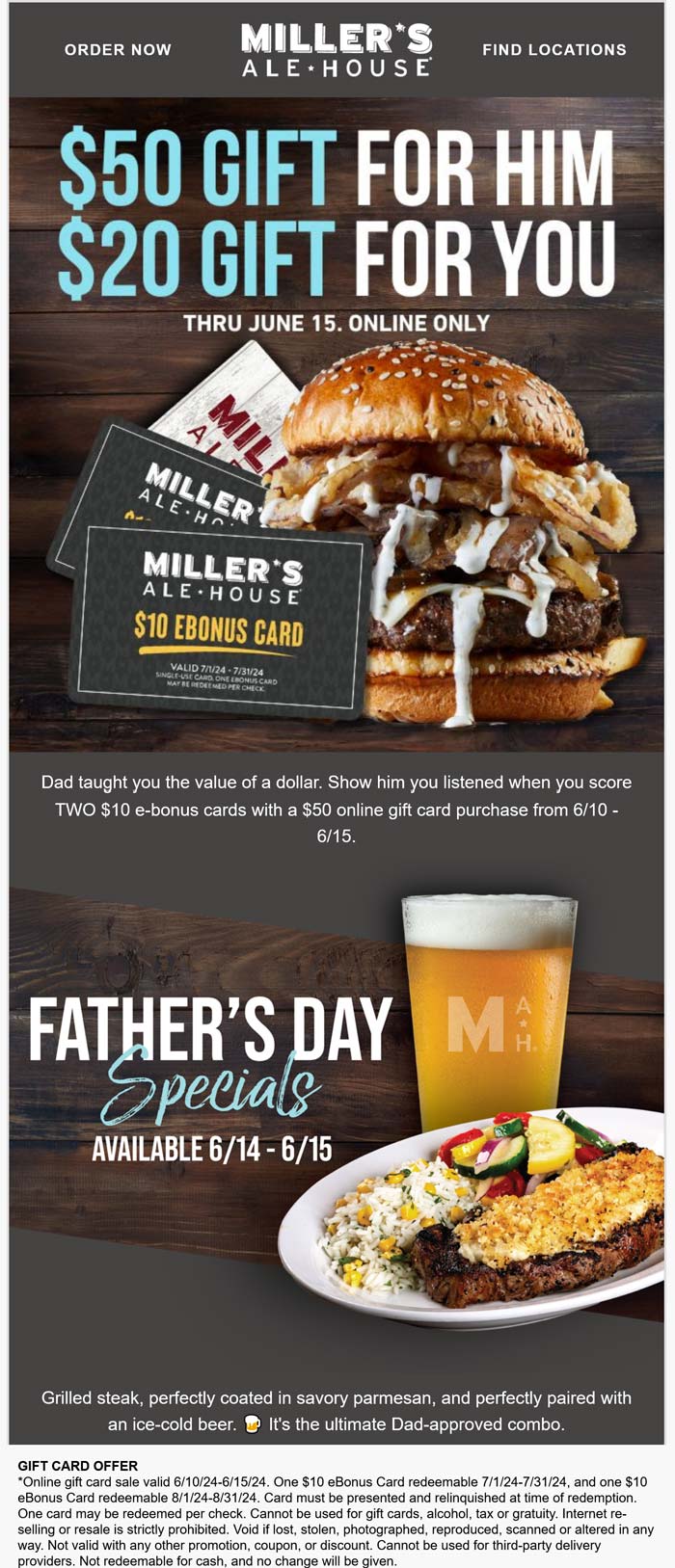 Millers Ale House restaurants Coupon  $20 card free with your $50 card at Millers Ale House restaurants #millersalehouse 