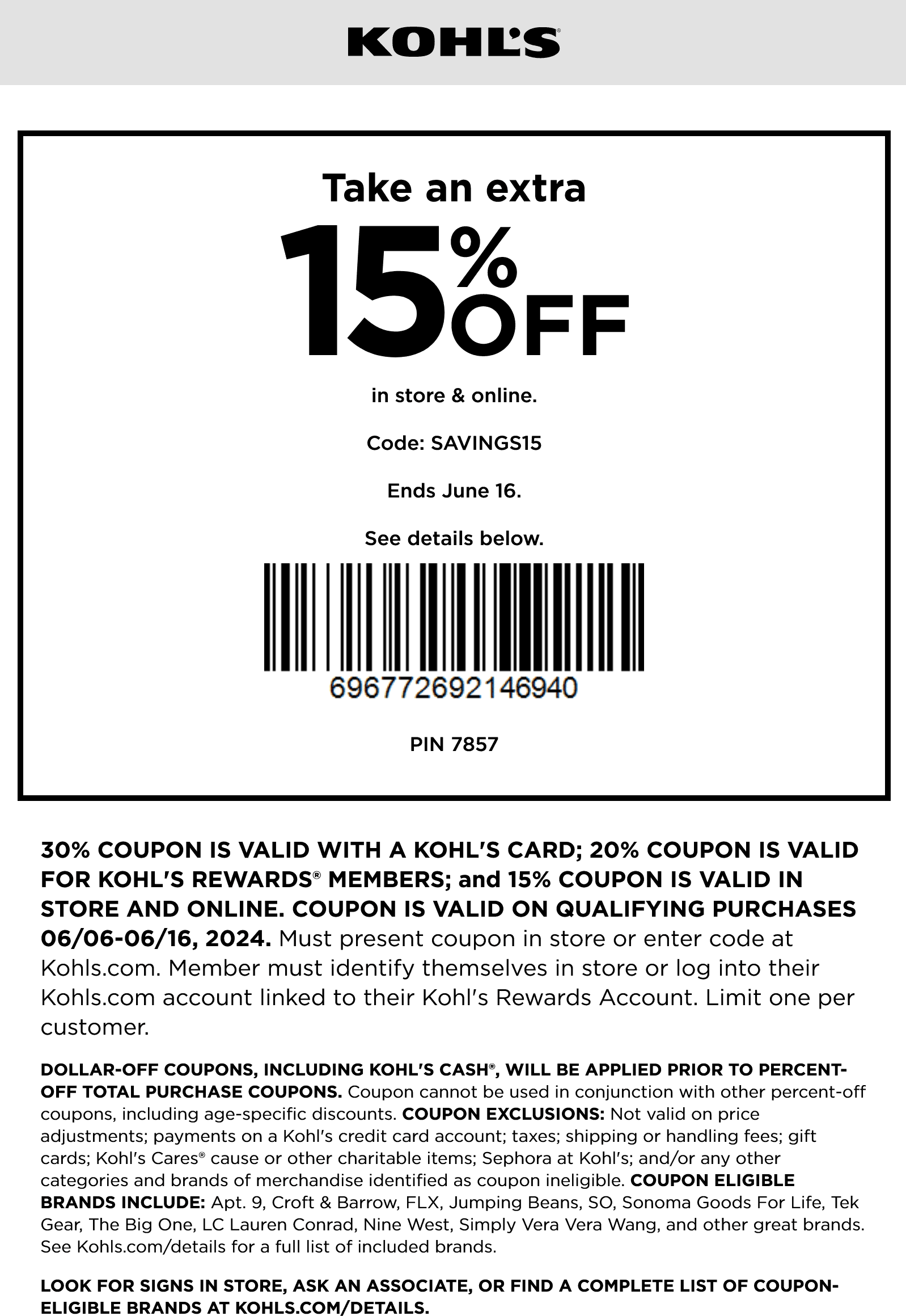 Kohls stores Coupon  15-20% off at Kohls, or online via promo code SAVINGS15 #kohls 