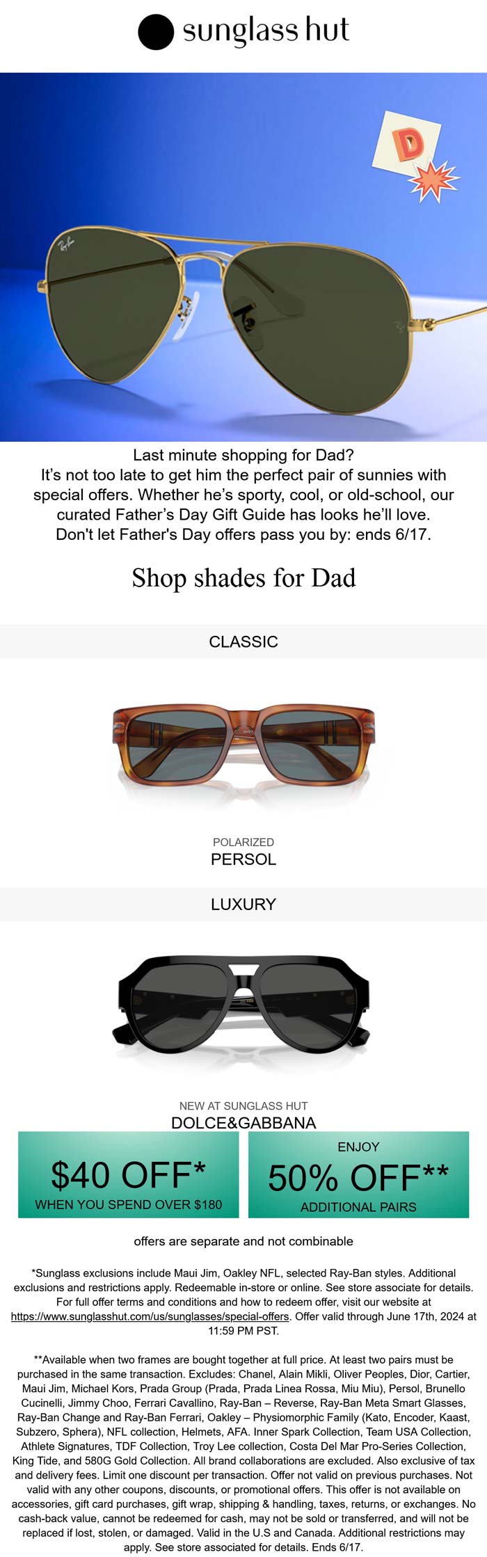 Sunglass Hut stores Coupon  $40 off $180 or 50% off second pair at Sunglass Hut #sunglasshut 