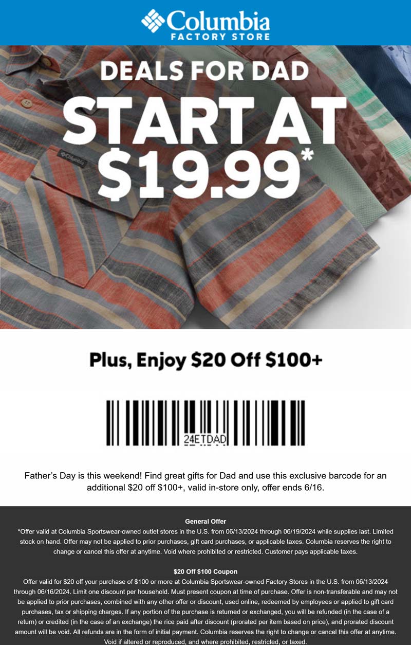 20 off 100 at Columbia Factory Stores columbiafactorystores The Coupons App