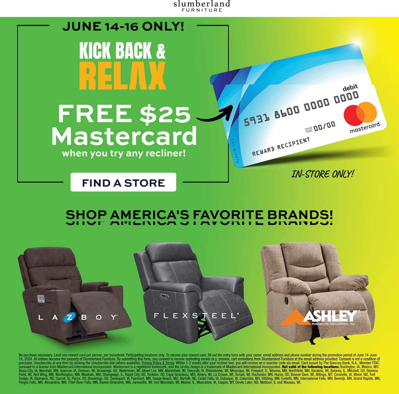 Slumberland Furniture stores Coupon  Free $25 cash card at Slumberland Furniture locations nationwide, no purchase required #slumberlandfurniture 