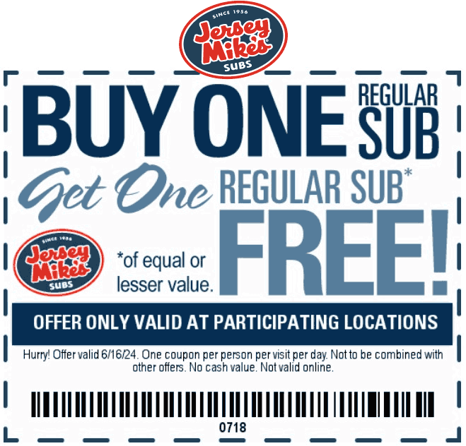 Jersey Mikes restaurants Coupon  Second sub sandwich free today at Jersey Mikes #jerseymikes 
