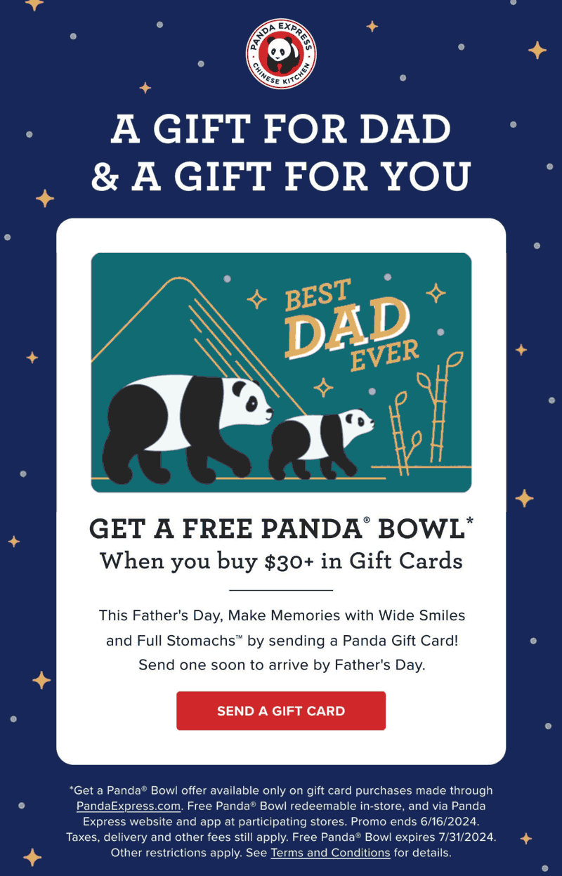 Panda Express restaurants Coupon  Free bowl on $30 in cards today at Panda Express restaurants #pandaexpress 