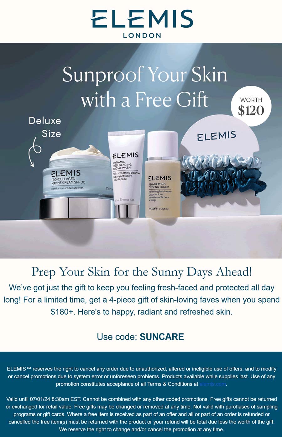 Elemis stores Coupon  Free 4-pc set on $180+ at Elemis via promo code SUNCARE #elemis 