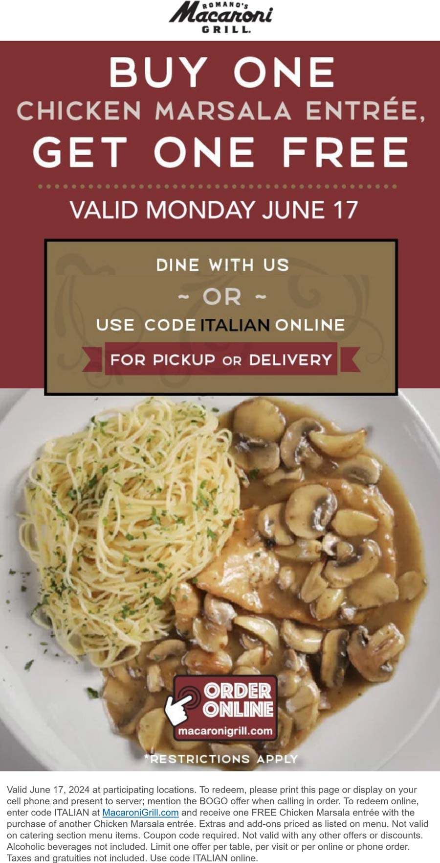 Macaroni Grill restaurants Coupon  Second chicken marsala entree free today at Macaroni Grill #macaronigrill 
