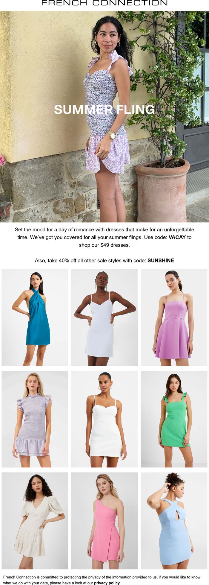 French Connection stores Coupon  $49 dresses + 40% off at French Connection via promo code SUNSHINE #frenchconnection 