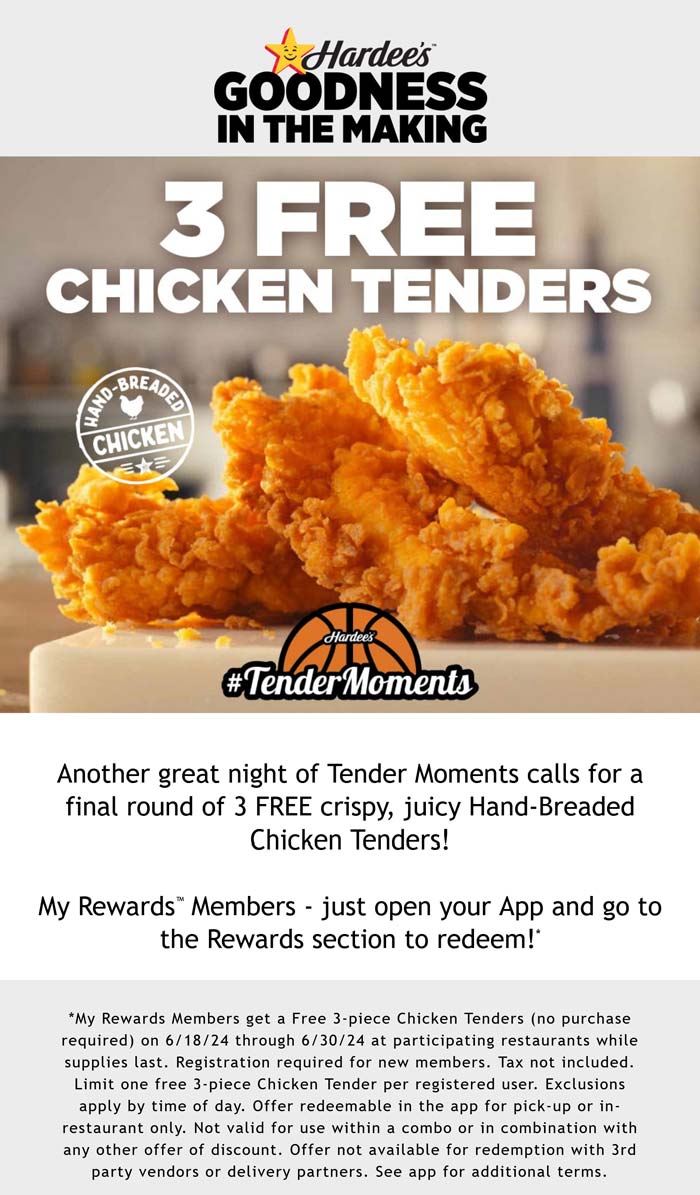 Hardees restaurants Coupon  3 free chicken tenders via login at Hardees #hardees 