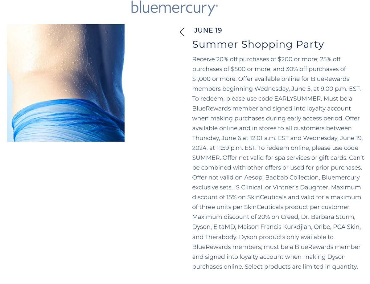 Bluemercury stores Coupon  20-30% off $200+ today at Bluemercury, or online via promo code EARLYSUMMER #bluemercury 