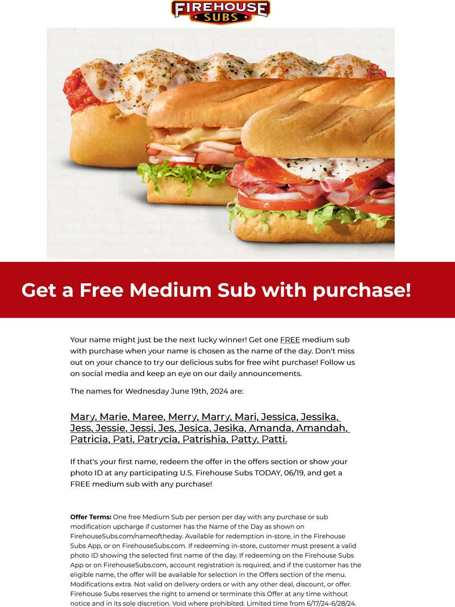 Firehouse Subs restaurants Coupon  22 different names of the day today score a free sub sandwich at Firehouse Subs #firehousesubs 