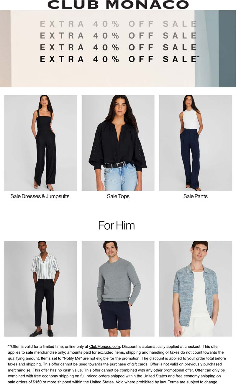 Club Monaco stores Coupon  Extra 40% off sale items online at Club Monaco #clubmonaco 