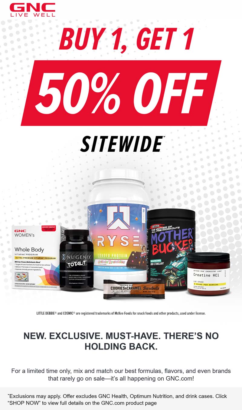 GNC stores Coupon  Second item 50% off on everything online at GNC #gnc 