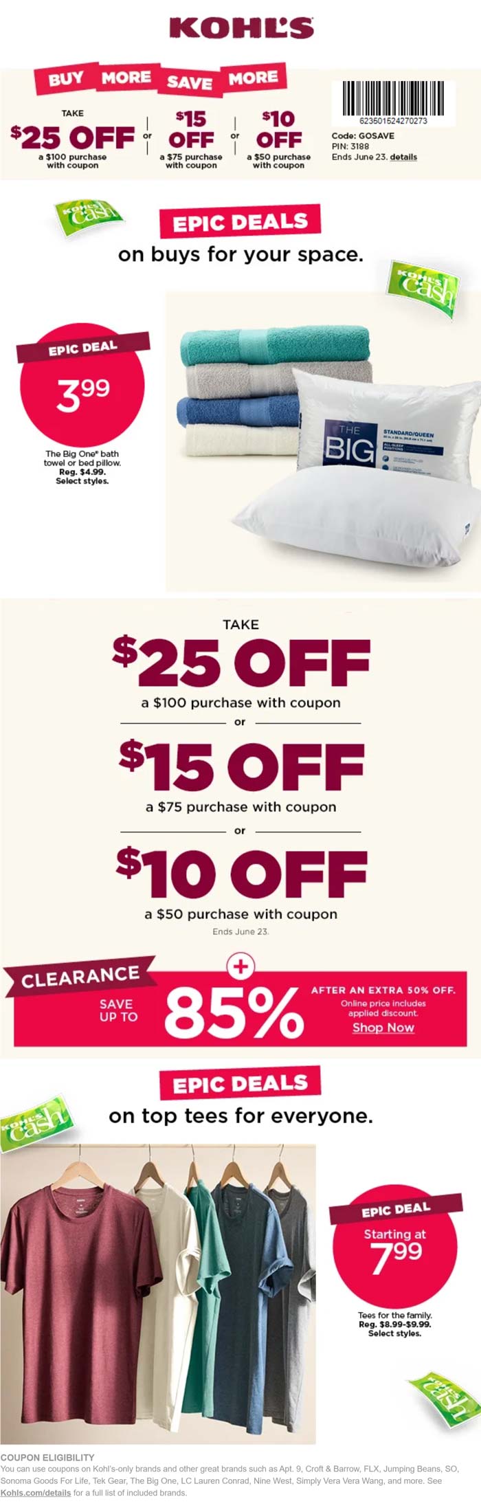 Kohls stores Coupon  $10-$25 off $50+ at Kohls, or online via promo code GOSAVE #kohls 