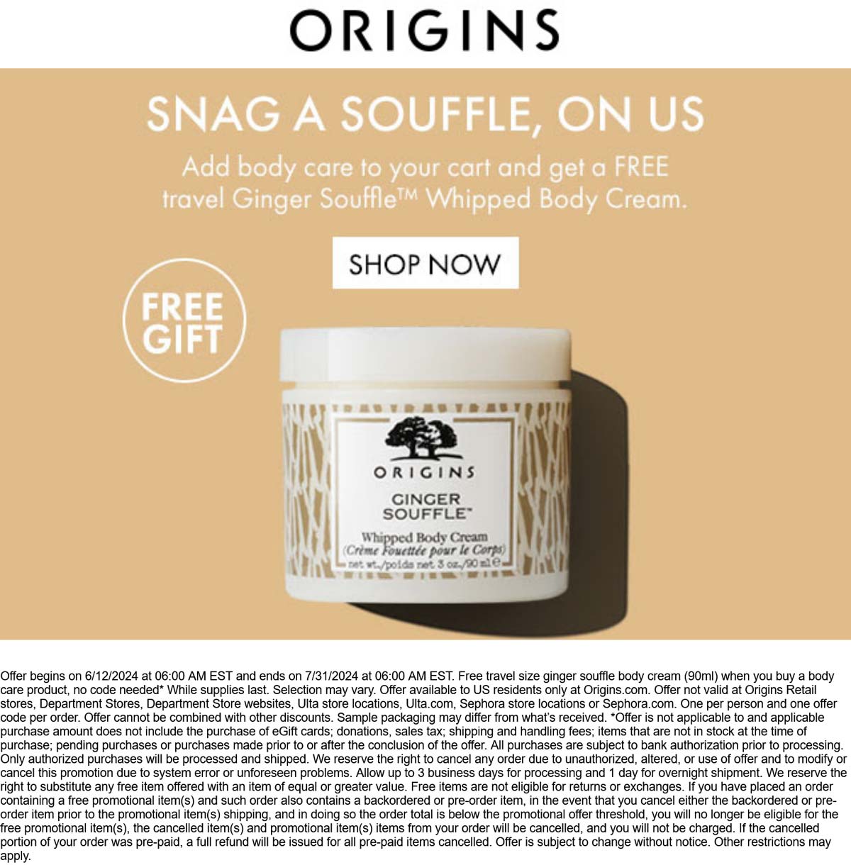 Origins restaurants Coupon  Free body cream with your body care product online at Origins #origins 