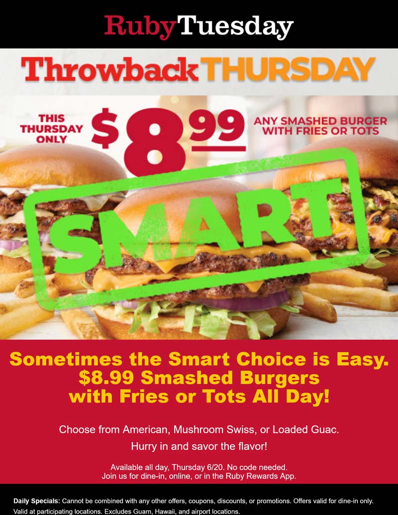 Ruby Tuesday restaurants Coupon  Smashed cheeseburger + fries = $9 today at Ruby Tuesday #rubytuesday 