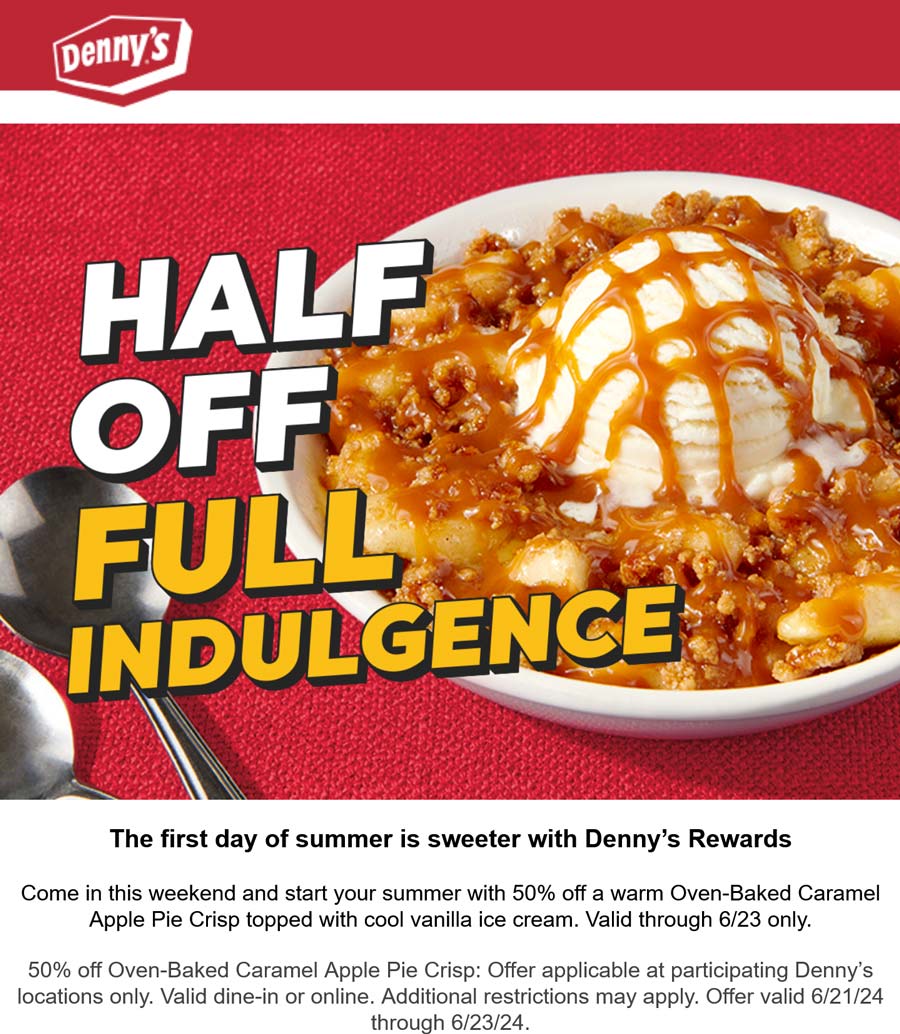 Dennys restaurants Coupon  50% off baked caramel apple pie crisp at Dennys #dennys 