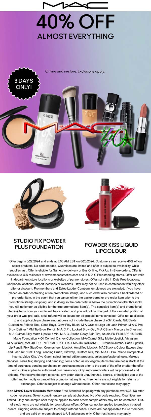 MAC stores Coupon  40% at MAC cosmetics #mac 