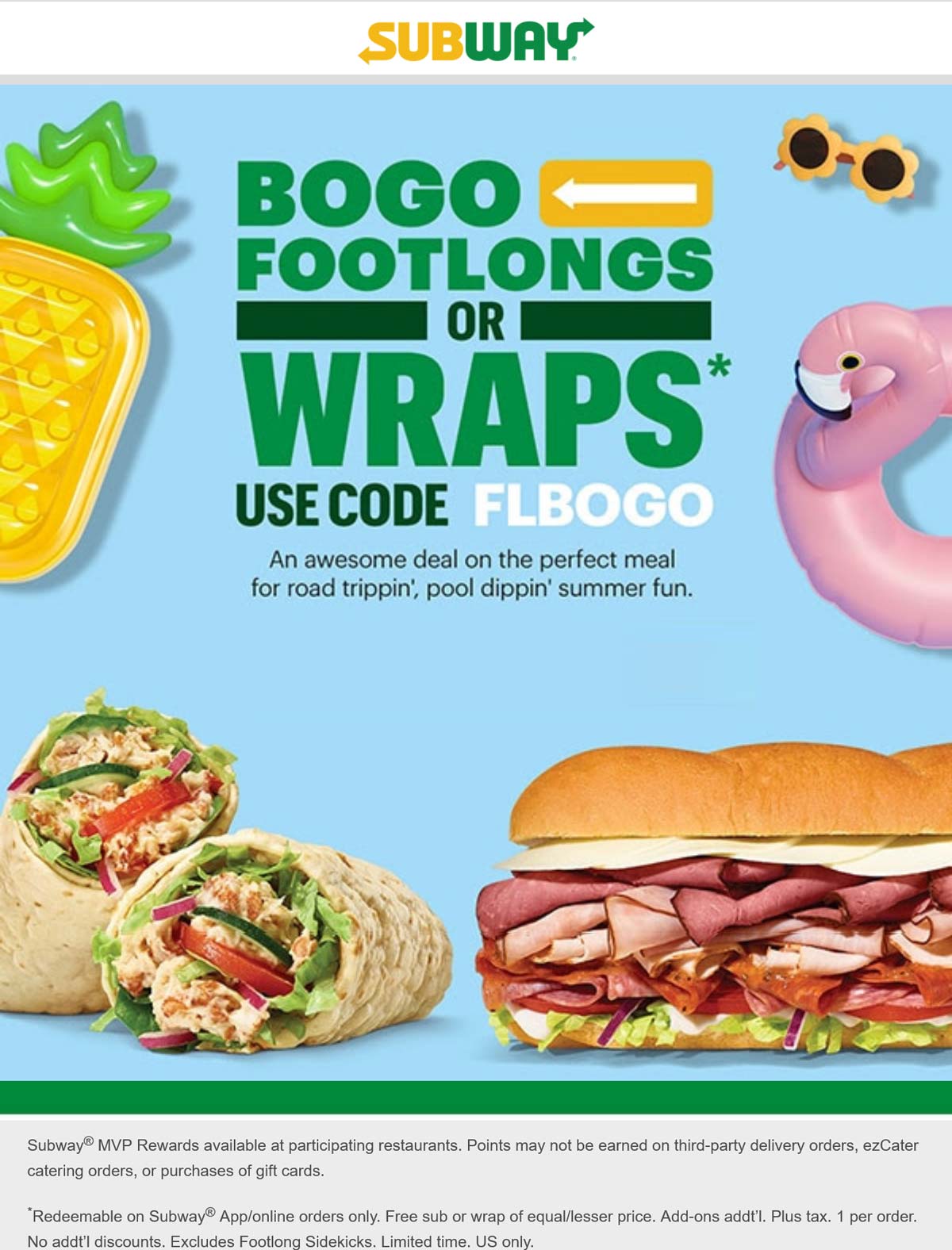 Subway restaurants Coupon  Second footlong sandwich free online at Subway via promo code FLBOGO #subway 